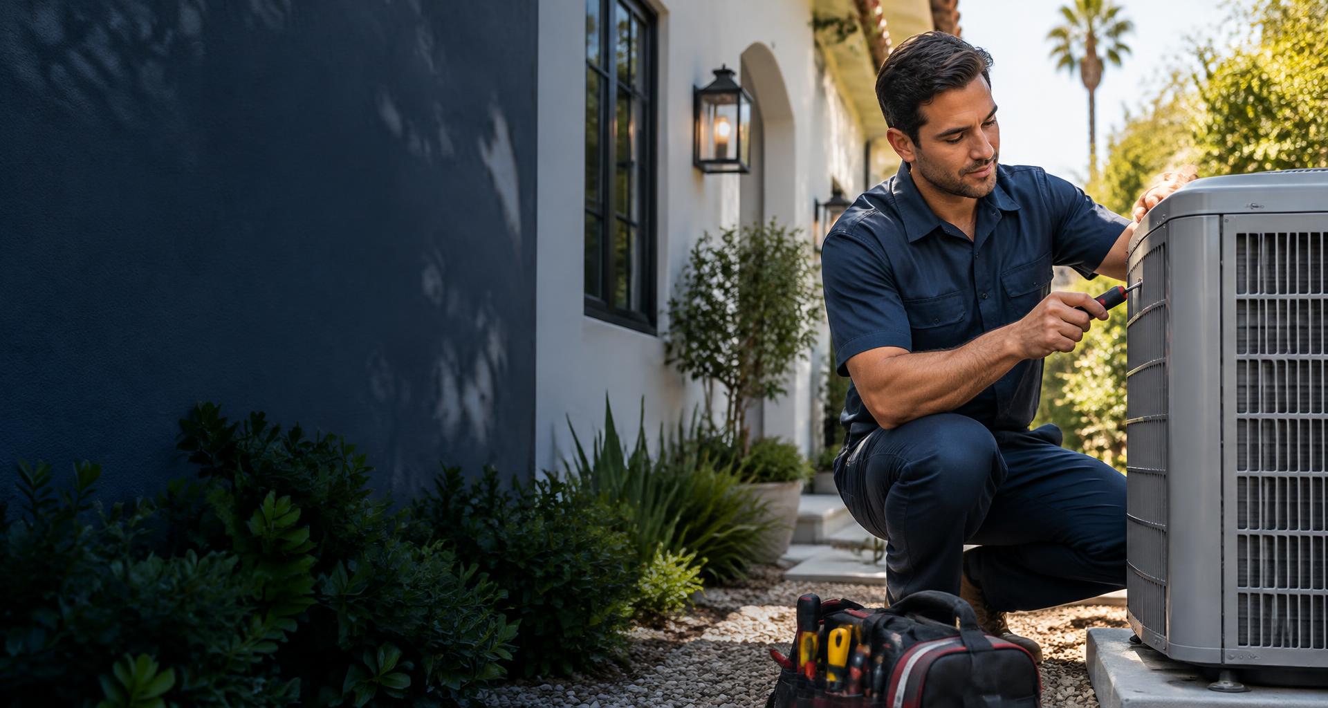 Professional HVAC technician servicing an outdoor air conditioner at a home — residential HVAC service in Northridge